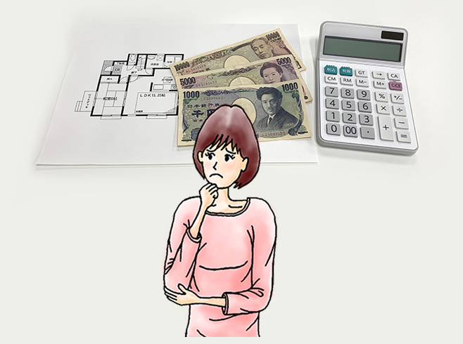 間取り図、紙幣、計算機の前で申込金を考える女性のイラスト